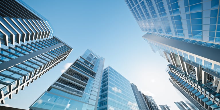 3D rendering of modern building in city. Represent land development, economic growth and crowded society. Visuals related to real estate, property investment, corporate business and city development.