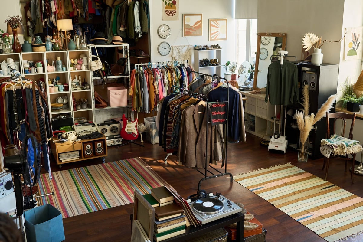 Vintage clothing and accessories displayed on racks and shelves in thrift shop interior, various garments and retro items arranged for sale