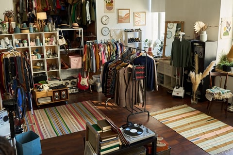 Vintage clothing and accessories displayed on racks and shelves in thrift shop interior