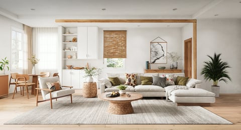 Bright modern Scandinavian living room interior with natural wood furniture, neutral color palette, cozy sofa, woven textures and indoor plants.
