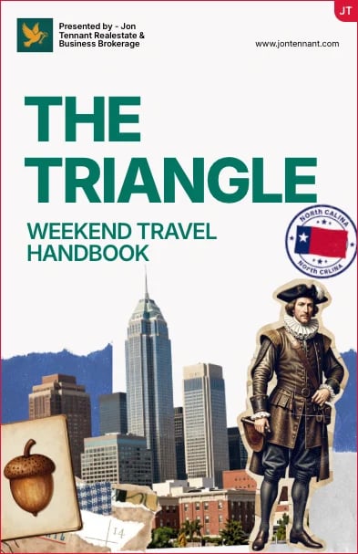 Cover of The Triangle Weekend Travel Handbook featuring NC skyline, acorn, historical figure, and North Carolina seal