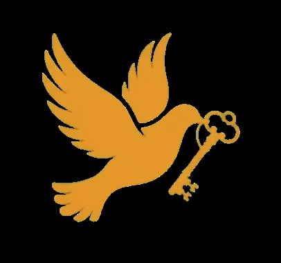 Golden dove in flight holding an ornate key, symbolizing peace and freedom on black background