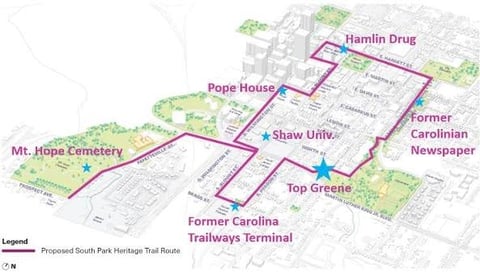Map showing proposed South Park Heritage Trail route connecting historic sites including Mt. Hope Cemetery, Pope House, Shaw University, and Hamlin Drug in purple lines