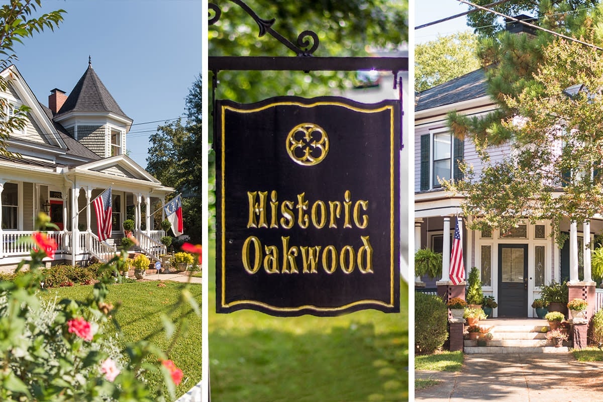 Historic Oakwood sign with colonial homes and American flags displaying the historic neighborhood district
