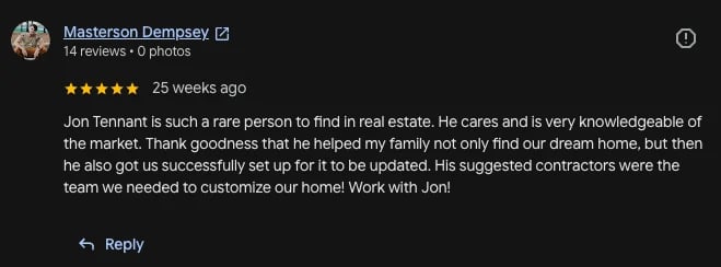Five-star review from Masterson Dempsey praising real estate agent Jon Tennish for helping find and update a home with excellent contractors