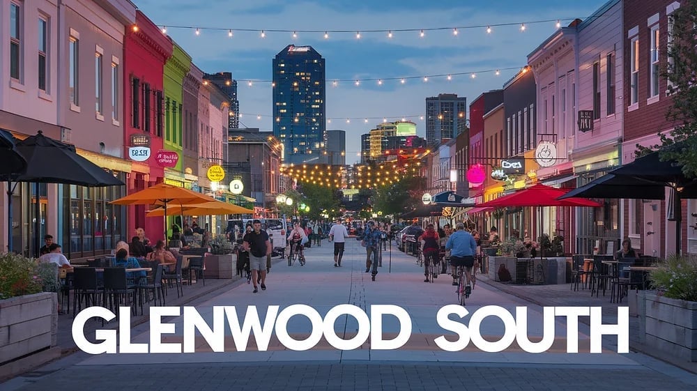 Glenwood South pedestrian district at dusk with string lights, colorful storefronts, crowds, and downtown skyline.