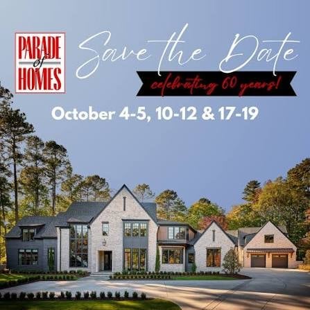 Parade of Homes Save the Date graphic featuring a modern farmhouse with text for October 4-5, 10-12, and 17-19 dates