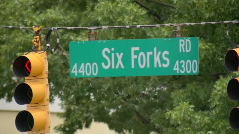 Green street sign reading Six Forks RD with traffic light, surrounded by green foliage