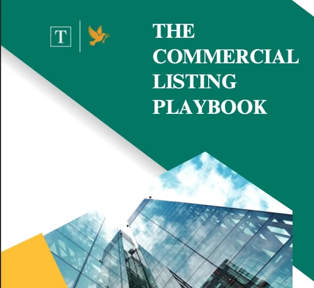 The Commercial Listing Playbook book cover with teal background, modern building architecture, and yellow accent design elements