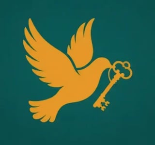 Yellow dove holding an ornate key against a teal background