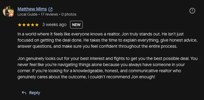 Five-star review from Matthew Mims praising realtor Jon for his expertise, honesty, and genuine care throughout the real estate process